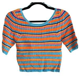 Free People Striped Ribbed Knit Crop Top Boho Puff Sleeve Size M NWT Retro